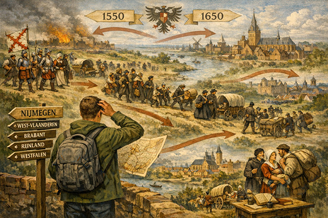 Vrije illustratie van mijzelf waarop ik vanuit Nijmegen zoekend uitkijk naar mijn voorouders die zich ergens tussen de migrerende mensen bevinden in het 16e eeuws conflictlandschap tijdens de 80 jarige ooorlog Illustratie van een genealogisch onderzoeker uit de 21 eeuw die vanuit Nijmegen zoekend uitkijkt naar zijn voorouders tussen migrerende mensen in een 16e eeuws conflictlandschap tijdens de 80 jarige ooorlog